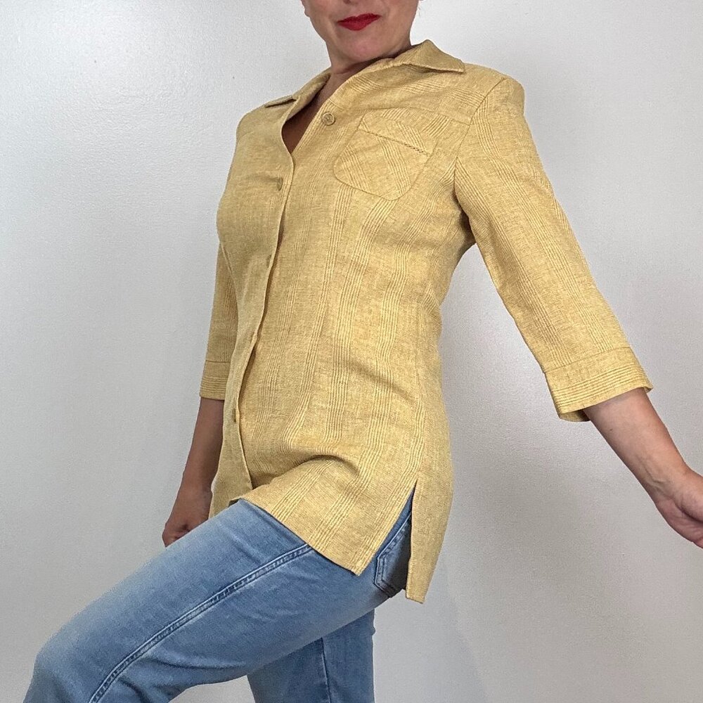 Vintage LANA LEE PETITE Mid Length Sleeve Yellow Blazer - Size M - Picture 5 of 12